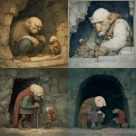 **a wrinkled, very old and grotesquely ugly man with a large child-like head, lives in a cave and guards a treasure, simple, muted colors, reinhardt michl, --v 7.0** - <@572882080099467274> (fast)