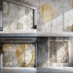 **A wall with wallpaper in the style of a distressed pattern in the style of Intricate Kerns, with an abstract circle on it, a light gray and gold color scheme, painted concrete, industrial interior design, an accentual dark background, textured walls, a modern minimalist look, a seamless white border, a wall in perspective view. --ar 32:23** - <@1313000520759377972> (fast)