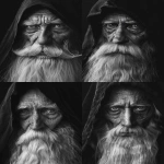 **realistic portrait of an old wise man with long white beard and deep eyes, wearing a dark hooded cloak, cinematic lighting, ultra-detailed wrinkles and skin texture, sharp focus on the face, soft shadows, mystical atmosphere, monochrome black and white, 8k, ultra realistic photography style --ar 3:4 --v 6.0 --no hand, staff, medallion, background symbols --raw** - Variations (Strong) by <@1146806236982034432> (fast)