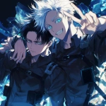 **Still taken shot from anime episode - Levi Ackerman from Attack on Titan and Satoru Gojo from Jujutsu Kaisen. Gojo has white hair, his arm around Levi's shoulder and is posing with a big smile and making a peace sign, Levi has black hair, has his arms crossed and looks slightly annoyed against a black background with sparkles in the art style of attack on titan anime. Friendship-style pose, Anime TV art style, attack on titan, jujutsu Kaisen. Uniform details, beautiful lighting, anime art, manga --niji 6** - Image #4 <@774763495555072010>