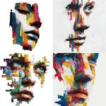 **an abstract face created with bold fragmented strokes, each stroke is short and separate, each stroke just highlight some part of the face, white background, colorful strokes ar 16:9 --v 7.0** - <@596991077408309248> (fast)