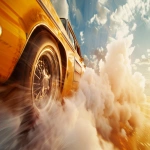**close-up of a vintage yellow taxi cab driving on top of clouds. The close up is of the tyre spinning fast on glowing clouds, cloud flicking up, early sunlight reflecting off chrome hubcaps, cinematic, slow-motion feel, intense detail, 35mm film texture --v 6.0 --ar 16:9 --raw** - Image #3 <@846005071686270976>