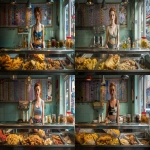 **English fish and chip shop, young attractive glistening woman wearing what might be considered a dangerous outfit to wear around hot oil; a mini skirt and cropped top. Scooping chips out of a vast fryer filled with oil, a glass display cabinet atop the fryers in front of her at chest height, with warm battered offerings contained: battered cod, piles of saveloy sausages, pies in aluminium foil dishes. On the counter top are Proper large salt and vinegar shakers , wooden forks and large jars of pickled onions and pickled eggs. paper wrapping for the chips. colourful chip shop menu on a tiled wall behind her, epsilon aurigae constellation reflected on the menu and tiles retro futurism --ar 16:9 --raw** - Remix (Subtle) by <@744210433703018499> (relaxed)