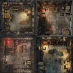 **top-down view of a large industrial warehouse interior, wide open layout with tall metal shelves, scattered wooden crates and cardboard boxes, worn concrete floor with oil stains, one wall features a red flashing alarm light, includes a couple of side rooms like an office and a storage room with doors, gritty realistic texture, harsh overhead lighting, detailed grid-friendly layout for tabletop RPGs, 2D isometric battle map, Dungeons & Dragons theme --v 6.0 --ar 1:1 --raw** - <@398622100233125890> (fast)
