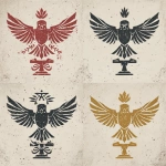 **In a Dungeons and Dragons art style, create four different yet simple versions of a noble house&#039;s sigil. The design should be simple. Its major element is a hawk&#039;s wings spread wide and eyes vigilant and looking forward. Its minor elements are a plant in one talon and a blacksmith&#039;s hammer in the other talon. All different versions, as if made in medieval times with medieval-level tools, each made of different materials, such as stone, iron, wood, and paint. They should all be simple designs using a single material. They should be worn. They should be on a white background. --v 7.0** - Image #3 &lt;@478047972412620803&gt;