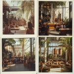 **Vintage Polaroid of the interior of a clear modern distillery with a lounge bar in Los Angeles with people casually dressed are sitting on benches, with palm trees overhead, drinking whiskey having fun dancing. Behind them is gigantic beautiful whiskey distillery. Nostalgia in the style of Provia. --ar 128:93 --v 6.1** - <@1090364262091866152> (fast)