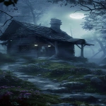 **<https://s.mj.run/7DEPwZwHTbc> old aged small hut on a hill, deep in the woods, forest, foggy moonlight, windy, style of foreshortening techniques, dynamic pose, high contrast, photo grade, 16K, HDR, --ar 9:20 --v 6.0** - Image #3 <@346339918877818883>