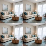 **interior design of a model unit showing the living room. beige sofa with window behind it. white sheer curtains with silver curtain rod. teal and gray area rug. round oak wood coffee table, gray, teal and beige throw pillows, flush mounted silver ceiling light, white table lamp --v 7.0** - Variations (Region) by <@1231814052913877045> (fast)