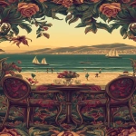 **A beachside dining setup with three chairs and a table set for an evening meal, overlooking the ocean in the summer, in soft pastel colors. The scene includes people strolling on the nearby sandy beaches, boats sailing along the water's edge, and distant islands visible across the horizon. A vase of flowers sits atop one of the chairs, adding to the romantic ambiance. In the style of digital art, flat illustration, detailed, vector, high resolution, masterpiece, soft lighting, minimalistic, plain polar vortex background. --sref <https://s.mj.run/U8KcMJw4D-c> --ar 3:5 --v 6.1** - Image #3 <@1104724558256279573>