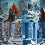 **in the frozen north, the Frost Giant's daughter, beautiful, with snow white skin and long flowing red hair, laughs among snow-covered ancient ruins, epic fantasy painting in acrylics, --ar 11:8 --chaos 5** - <@487565392546496524> (fast)