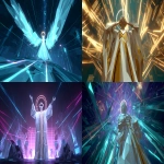 **a conceptual boss design of the game 'Rez', shows the player high-tech structures in a low-poly style.the boss should be designed and be the main object in the picure, a low poly retro neon portrait of an abstract low poly man with a pair of hands covering her eyes. she is wearing white and gold robes, and there is a halo behind her head. the scene conveys a sense of motion as the beams from the laser guns hit different parts of the structure. the environment has simple geometric shapes that indicates mirrors and library and the scrolls, and the dark background is complemented by the game's use of bright neon colors and glowing effects to create a sense of depth and excitement. the structure should have a religous feeling. --ar 16:9** - <@816916814089027595> (fast)