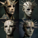 **a front facing mannequin with a few different sized spikes coming from its face, the mannequin has cuts and damage all over its face, male figure, stitches on face, tattered and torn details, dark eyes, very dark background, dark green colors, high detail, horror inspired** - <@702122213033246720> (fast)