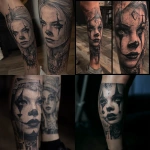**to create a haunted liminal leg sleeve tattoo based on Chicano woman faces where they were a clown make up as they usually do and make the leg tattoo black and gray please --v 7.0** - <@1241561862743654493> (fast)
