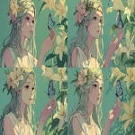 **A nymph holding a butterfly in her hand and wearing a lily in her hair, in anime style. --ar 16:9** - Variations (Subtle) by <@1068240844349509652> (fast)