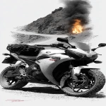 **a speeder motorbike standing on a rocky road, in the background on the winding road there is a bonfire with a flame --ar 1:2 --s 750 --sref <https://s.mj.run/PapqrsDryp0>** - Image #4 <@1167122440648937554>