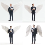 **Asian businessman aged 25-27, wearing dark navy suit, holding an iPad with one hand in his pants pocket, light brown hair, smiling confidently, standing with large white angel wings, low angle shot, front view, bright white background, minimal style, professional studio light, realistic, 4K** - <@427615579231485956> (fast)