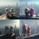 **two cyborg Daruma dolls standing side by side on a high rooftop in a futuristic cyberpunk city during daytime, overlooking the vast urban landscape below, chrome and neon accents on their mechanical bodies, distant skyscrapers stretching into the hazy daylight sky, cinematic lighting, detailed urban textures, like a scene from a movie or music video, octane render, --v 7.0 --p pmcvoi5 --s 50** - <@960107048031387718> (fast)