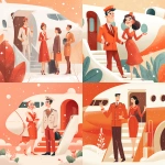 **Pilot and stewardess greeting people on the airplane steps, invite you into the salon, hospitality, cute commercial illustration in light white, beige, orange and bright red tones, add Christmas atmosphere and snow --v 7.0** - <@1178911175929499672> (fast)