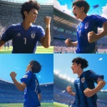 **Young Japanese male soccer player standing boldly on a green soccer field, wearing a plain solid blue soccer jersey with a single white back number, no logos or brands, clenching his fist with determination, modern stadium filled with cheering fans, bright natural daylight between morning and noon shining on the field, dynamic wind gently moving his hair and jersey, intense and brave expression on his face, cinematic atmosphere, realistic style, wide shot, no goalposts, no teammates, focus on the player’s strong stance and confident gaze --niji 6** - <@1212945075831836692> (relaxed)
-# Create, explore, and organize on [midjourney.com](<https://midjourney.com/imagine?from_discord=1>)