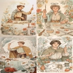 **hand-drawn winter fairy tale illustration, The Magician tarot card. The image depicts a young man with a cloak and shirt holding a small stick with his right hand while his left hand pointing down, an infinity symbol above his head, he is standing behind a table, there are a coin, a wand a sword and a cup on the table, many flowers around him., warm storytelling atmosphere, unmistakable children's book illustration style of the 1960s-1970s, subtle influence of classic English animal fairy tales in the spirit of Beatrix Potter, but with Soviet-era illustration warmth, colored pencils and watercolor, visible pencil strokes, soft watercolor washes, textured paper, muted winter palette with whites, pale greens, soft browns, gentle reds and warm accents, rounded naive shapes, calm composition, poetic and cozy mood, hand-made look, non-photorealistic, timeless children's illustration. The scene is set --ar 7:12 --profile b414ohv --s 50** - <@409716268476923920> (fast)