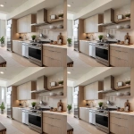 **interior design of a model unit showing the kitchen area. linear layout. all stainless appliances. chimney type range hood. stainless steel countertop with oak cabinets, silver pots and whisk hanging from the wall, accent wall tile behind the range, pastry chef apron and hat --v 7.0** - Variations (Region) by <@1231814052913877045> (fast)
