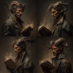 **A hardened tiefling wizard in his late 20s with ashen, slightly reddish skin and a rugged, masculine build. His horns curve naturally back from his forehead--dark, textured, and realistic. His eyes glow faintly with arcane intensity. He carries a worn spellbook in one hand, its pages filled with glowing sigils. His clothing is practical rather than ornate: traveling leathers, subtle carnival-style flourishes, and hints of a wandering performer’s past. His expression is serious, focused, and world-weary. Vivid’s backstory is reflected in his appearance--signs of long travel, lingering sorrow for his fallen aunt, and the confidence of a street magician turned true arcane master. A faint aura of illusions seems to drift around him: faint particles of light, hints of shifting shapes, the ghost of a stage-performer’s flourish. Lighting should be dramatic and moody, with subtle warm tones and a photorealistic style.** - Variations (Strong) by <@758604467146588180> (fast)