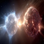 **Deep space scene, left: neutron star emitting bright blue pulsar beams into the cosmos, smooth glowing surface, right: quark star, darker, cracked crystalline surface faintly glowing with deep red-purple hues, no beams, just eerie glow, cosmic background with sharp stars, cinematic contrast between both stellar objects, clear clean composition, astrophysical realism, strong focal points on the two stars, documentary-style high resolution, sharp crisp edges. --ar 16:9 --v 7.0 --s 750** - Image #2 <@1347352121820844044>