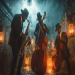 **Rats in suits and fedoras playing Jazz on vintage instruments in a dimly lit sewer, surrounded by mist and flickering lanterns; in the style with bold geometric shapes and expressive lines, blended with the cinematic noir and the moody atmospheric lighting, in stunning 32k resolution. Harlem Renaissance. --ar 16:9 --v 6.1** - Image #4 <@935178814189862912>