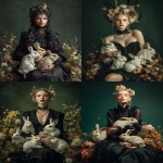 **vogue cover of a beautiful woman model posing with rabbits in the style of epic fantasy, surrounded by flowers and plants, wearing a black dress and hair ornaments, holding several small animals on her lap, against a dark green background, with studio lighting, a trending color palette, hyper-realistic photography, a portrait, a low-angle shot, centered composition, and symmetry. --ar 46:61** - <@267082272199409666> (fast)