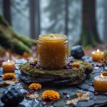 **A 2 oz amber salve jar on a moss-covered stone altar. Surrounding it are carved Celtic spirals, pomegranate seeds, marigold petals, and a black obsidian sphere. A mist rises from the autumn forest behind, with faint ghostly silhouettes symbolizing death and rebirth. Rich earthy tones, candlelight glow, mystical, no text. --v 6.0 --s 750** - Image #4 <@1090630909448949831>