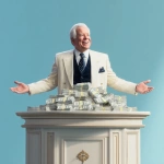 **a wealthy televangelist with a pile of money next to him on the pulpit, medium shot, against a light blue background, photorealistic --v 7.0** - Image #4 <@809605622495445044>