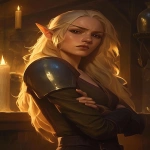 **<https://s.mj.run/QEdiLVdzku8> illustration of exasperated 30 years old blond elf woman looking up, 3/4 view, crossed arms, in a tavern lit by candles during nighttime (light coming from the left), natural colors, professional illustration, league of legends splash art style, mooncolony studio --ar 2:3 --niji 6** - Image #4 <@886738135285911622>