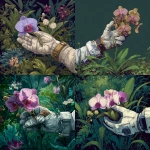 **Science Fiction Classic Ilustrated style. Astronaut glove holding large ominous Orchid flower. background lush exquisite unusual flowers, lush green plants.** - <@1110759032127500369> (fast)
-# Create, explore, and organize on [midjourney.com](<https://midjourney.com/imagine?from_discord=1>)