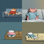 **funny very tired anthropomorphic cat in t-shirt sleeping on sofa, very simple catroon style, solid background --ar 9:16** - <@409716268476923920> (fast)