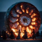 **some dancers dancing arround a giant burning Ammonite Amanita bowl --sref <https://s.mj.run/RgZs4NKlSts> --v 7.0 --raw** - Image #1 <@1071135204846096475>