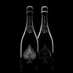 **album art cover of 2 bottles of silver ace of spades champagne bottles with a black background. The theme is party, minimalistic and black and white --v 7.0** - Upscaled by <@858514381120602142> (fast)