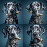 **Female great dane, with blue merle coat. Hyper realistic, holding a hotdog with her paws wearing a diamond chain around her neck that spells out "Izzie" make her outside too, full body shot** - Variations (Strong) by <@1144379410347204758> (fast)