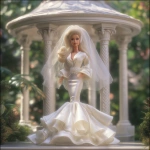 **a 1980’s Barbie doll in a wedding gown of satin and chiffon. The dress is mermaid style. The veil is simple and feminine. In the background is a beautiful gazebo. Ultra realistic, highly detailed, photorealistic. HD --v 7.0** - Upscaled by <@1327691479602298971> (relaxed, stealth)