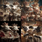 **Ultra HD profile photo of two mafia style cows wearing ornate kings robes, wearing crowns with lots of gems on the crown. the two cows are at a party and are holding their arm out with drinks in their hands doing a cheers motion to celebrate. background is decorated with a royal theme. taken with a cannon eos, hyperrealistic, natural lighting --ar 2:3 --raw** - <@1103975769467789322> (relaxed)
-# Create, explore, and organize on [midjourney.com](<https://midjourney.com/imagine?from_discord=1>)