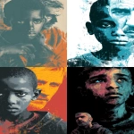 **a stencil style image, featuring a boy (16, Somali, vulnerable but determined) and a white man (31, distracted, broken inwardly). The setting may subtly allude to themes of migration, the tension between hope and despair, and two worlds colliding. 8k, high resolution, Space for a title and subtitle. --v 7.0 --ar 5:8 --raw** - <@1115197505077006380> (fast)