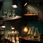 **a studio with warm dimmed studio lighting aimed at 3 translucent lab beakers containing rainwater, dark sage green background, dark moody and sensorial** - <@1137240197814288404> (relaxed)