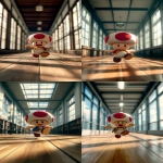 **A Toad-like character running energetically across a school corridor with arms stretched straight back like Arale-chan, mid-run with a joyful expression, red and white mushroom cap bouncing, wooden school walkway with long windows, morning light streaming in, strong motion blur on background, low-angle perspective for dramatic impact, nostalgic and playful atmosphere, vertical cinematic composition --v 7.0 --ar 9:16 --oref <https://s.mj.run/xKRYl9AmtcQ> --ow 200 --raw** - <@1112784568303497357> (turbo)