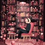 **an abstract illustration of a female with dark blonde hair wearing headphones, sitting in a reading nook with a pink and red aesthetic surrounded by bookshelves and sitting in a chair reading a book** - Image #4 <@387852951244374018>