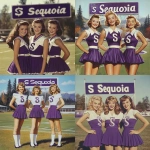 **ultra realistic, highly detailed, photographic image of three beautiful high school pompom girls of the 1960’s smiling happily with a beautiful well manicured football field behind them. Their short skirted deep purple and white outfits have a calligraphic "S" on the bodice. Above them is a huge attractive banner saying "Sequoia". HD --v 6.1 --raw** - <@1327691479602298971> (fast, stealth)
