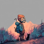 **<https://s.mj.run/RTecCqauTFQ> Reimagine this clean cartoon illustration in a painterly, atmospheric style. Use muted earthy tones blended with halloween colored pastels, textured brush strokes, and hazy gradients in the sky. Hiking through the forest with his cat. In the Pacific Northwest near the mountains during blue hour. Apply loose, expressive linework with subtle shading, crosshatching, and worn textures. Add depth and warmth through cinematic lighting and moody color grading. Expressions should remain exaggerated yet nuanced, balancing humor and melancholy within an atmospheric, storybook-like setting. Color Palette: 20% pastel periwinkle 40% pastel cotton candy 20% pastel sekura pink 10% pastel celadon 10% pastel black** - Image #4 <@757787837981786134>