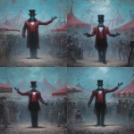 **a carnival ring master wearing a red vest and black suit with no face under his black top hat is welcoming you with his right arm to the creepy weird Lovecraftian carnival, as a front page art piece painting, --ar 8:11 --v 7.0** - Variations (Strong) by <@1035886146422583346> (fast)