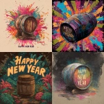 **I want to make a poster for the first sale of the new year. Merry atmosphere, colorful color scheme, plain center of image, barrel of rum, and the words Happy New Year.** - <@1316270398630793268> (fast)
