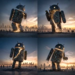 **<https://s.mj.run/rWcFtaYzAZ8> The Android Robot made of mobile phones is collapsing, there are gaps in the robot and it is crumbling away, it is falling apart, leaving to one side, about to tumble, people looking up at it, trying to get inside it, cityscape, hyperrealistic, photorealistic, metallic, glowing, raytrace, super realistic, magic hour, dramatic lighting, art style of Blade Runner --v 7.0** - Variations (Strong) by <@1048326817838280714> (fast, stealth)
