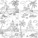 **A simple coloring page for children of A beach scene with sandcastles, palm trees, and toys coloring page for kids in a monochrome style, simple with no details. for a simple black and white coloring page, line art, thick lines, easy to color. no shading lavender --v 6.1** - <@1201148944726638674> (fast)