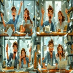 **cartoon side view, man flipping a desk in an HR meeting, celebrating his appeal win, HR woman on the other side of the desk looking shocked, papers flying, funny, vibrant, exaggerated expressions, chaotic comic energy --v 6.0 --ar 16:9 --s 600** - Variations (Strong) by <@1071571012547780618> (fast)